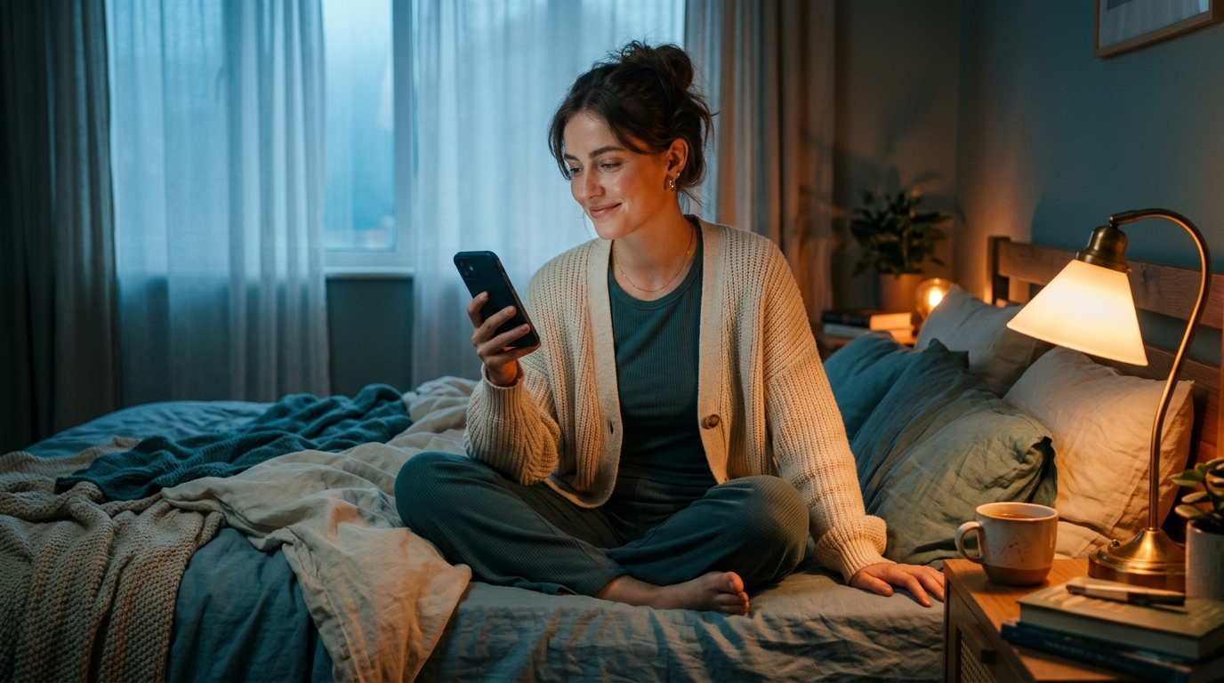 A woman in her twenties sitting cross-legged on a bed, soft lamp light, smiling down at her phone with a relaxed and content expression